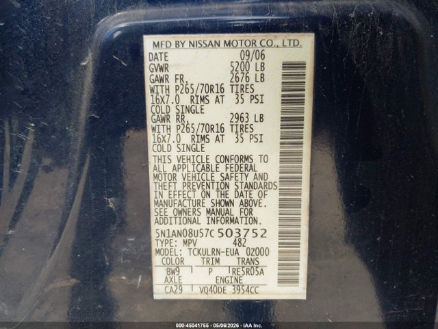 45041755 :رقم المزاد ، 5N1AN08U57C503752 vin ، 2007 Nissan Xterra S مزاد بيع