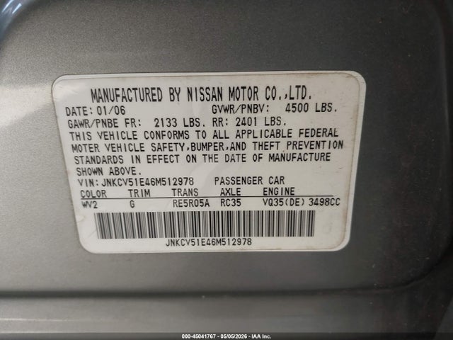 Продаж на аукціоні авто 2006 Infiniti G35, vin: JNKCV51E46M512978, номер лоту: 45041767