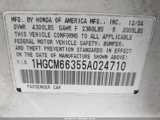 45041770 :رقم المزاد ، 1HGCM66355A024710 vin ، 2005 Honda Accord 3.0 Lx مزاد بيع