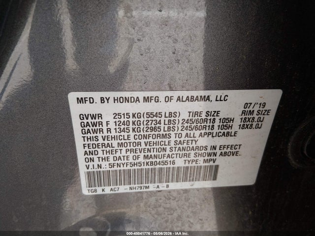 Honda Pilot Ex-l 2019 5FNYF5H51KB045516 Image 9