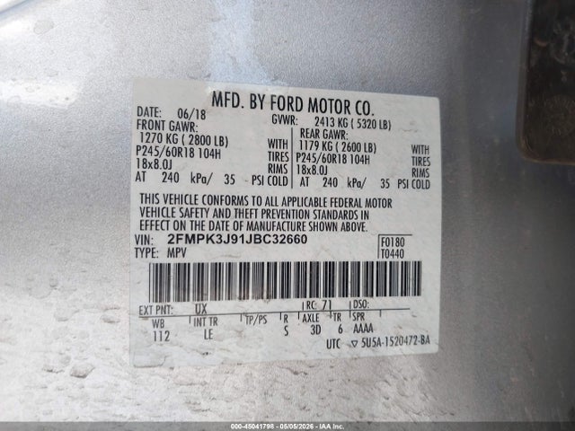 2018 Ford Edge Sel მანქანა იყიდება აუქციონზე, vin: 2FMPK3J91JBC32660, აუქციონის ნომერი: 45041798