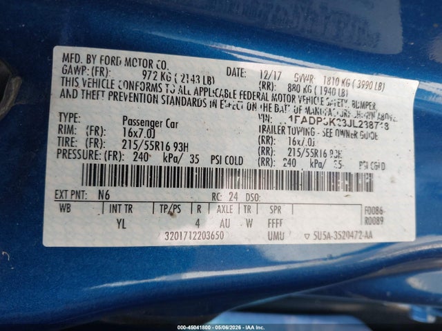 45041800 :رقم المزاد ، 1FADP3K23JL238718 vin ، 2018 Ford Focus Se مزاد بيع