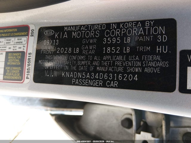 Продаж на аукціоні авто 2013 Kia Rio Ex, vin: KNADN5A34D6316204, номер лоту: 45041801