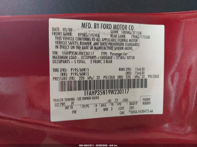 Aukcja sprzedaży 2009 Ford Focus Se, vin: 1FAHP35N19W230117, numer aukcji: 45041811