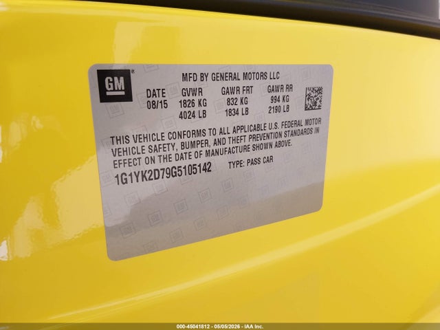 Продаж на аукціоні авто 2016 Chevrolet Corvette Stingray Z51, vin: 1G1YK2D79G5105142, номер лоту: 45041812