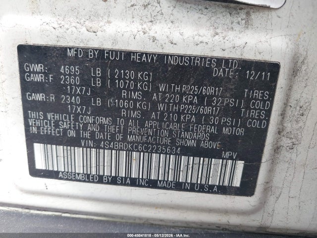 45041818 :رقم المزاد ، 4S4BRDKC6C2235634 vin ، 2012 Subaru Outback 3.6r Limited مزاد بيع