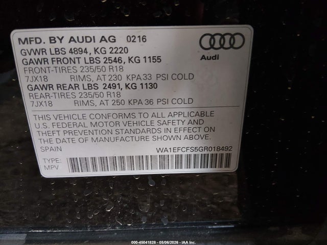 Продаж на аукціоні авто 2016 Audi Q3 2.0t Premium Plus, vin: WA1EFCFS5GR018492, номер лоту: 45041828
