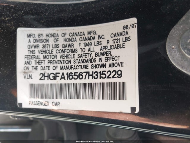 Продажа на аукционе авто 2007 Honda Civic Lx, vin: 2HGFA16567H315229, номер лота: 45041836