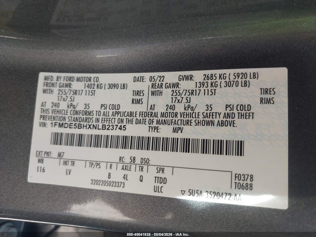 45041838 :رقم المزاد ، 1FMDE5BHXNLB23745 vin ، 2022 Ford Bronco Big Bend مزاد بيع