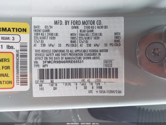 Продажа на аукционе авто 2024 Ford Bronco Sport Big Bend, vin: 3FMCR9B66RRE65531, номер лота: 45041841