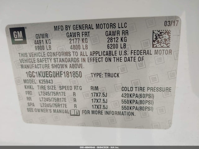 Aukcja sprzedaży 2017 Chevrolet Silverado 2500hd Wt, vin: 1GC1KUEG0HF181850, numer aukcji: 45041844