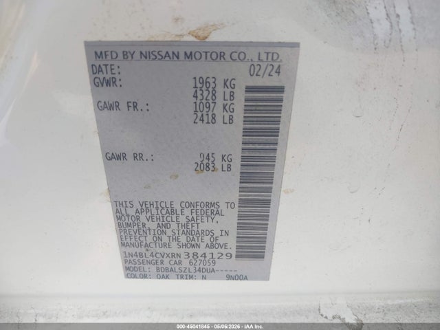 45041845 :رقم المزاد ، 1N4BL4CVXRN384129 vin ، 2024 Nissan Altima Sr Fwd مزاد بيع
