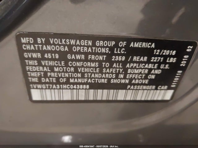 Продажа на аукционе авто 2017 Volkswagen Passat 1.8t Se, vin: 1VWGT7A31HC043888, номер лота: 45041847