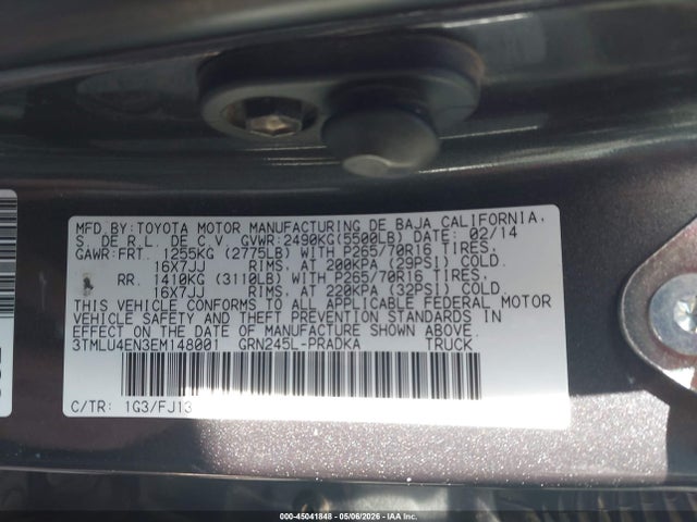 2014 Toyota Tacoma Base V6 მანქანა იყიდება აუქციონზე, vin: 3TMLU4EN3EM148001, აუქციონის ნომერი: 45041848