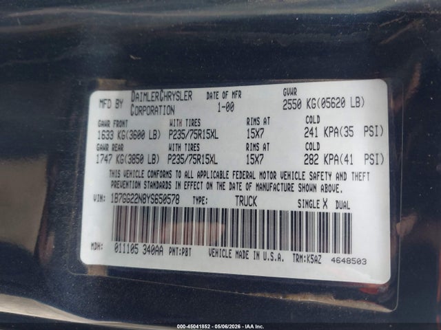 Продаж на аукціоні авто 2000 Dodge Dakota Slt/sport, vin: 1B7GG22N8YS650578, номер лоту: 45041852