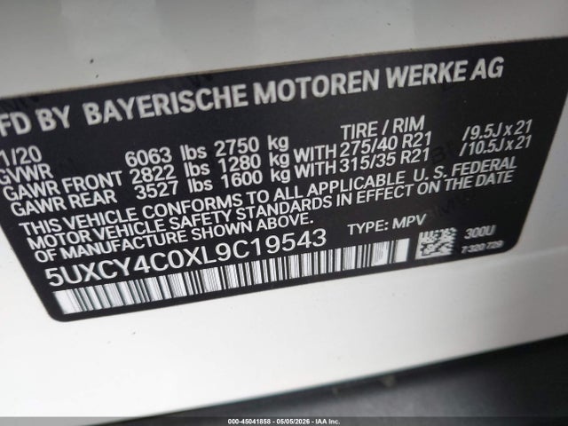 45041858 :رقم المزاد ، 5UXCY4C0XL9C19543 vin ، 2020 Bmw X6 Sdrive40i مزاد بيع