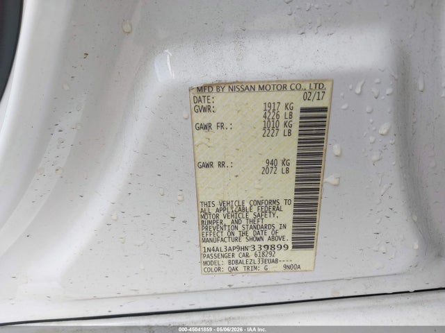 Aukcja sprzedaży 2017 Nissan Altima 2.5 S, vin: 1N4AL3AP9HN339899, numer aukcji: 45041859