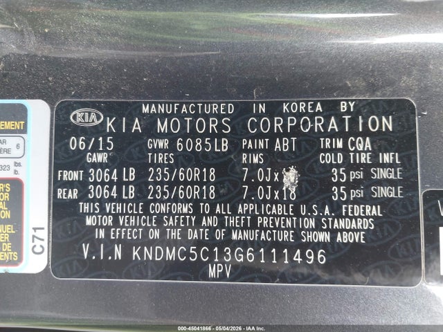 2016 Kia Sedona Ex მანქანა იყიდება აუქციონზე, vin: KNDMC5C13G6111496, აუქციონის ნომერი: 45041866