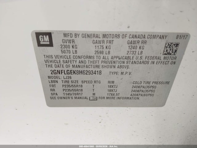 Aukcja sprzedaży 2017 Chevrolet Equinox Premier, vin: 2GNFLGEK8H6293418, numer aukcji: 45041868