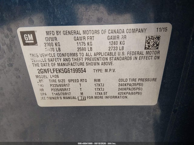 Продажа на аукционе авто 2016 Chevrolet Equinox Lt, vin: 2GNFLFEK5G6199554, номер лота: 45041869