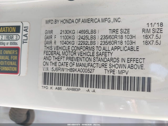 Aukcja sprzedaży 2019 Honda Cr-v Ex-l, vin: 5J6RW1H89KA000527, numer aukcji: 45041870