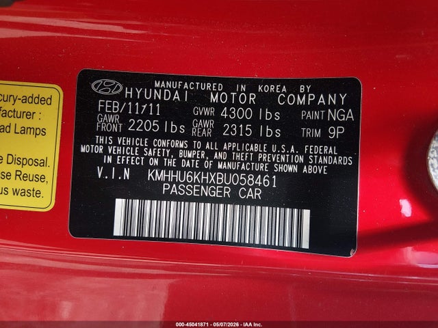 2011 Hyundai Genesis 3.8 Track მანქანა იყიდება აუქციონზე, vin: KMHHU6KHXBU058461, აუქციონის ნომერი: 45041871
