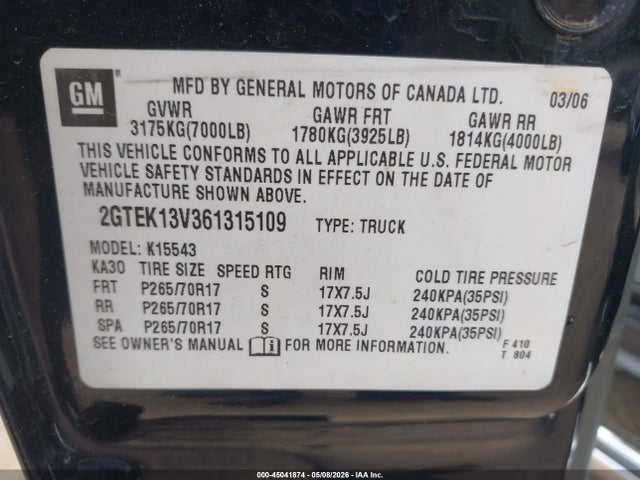 45041874 :رقم المزاد ، 2GTEK13V361315109 vin ، 2006 Gmc Sierra 1500 Sl مزاد بيع