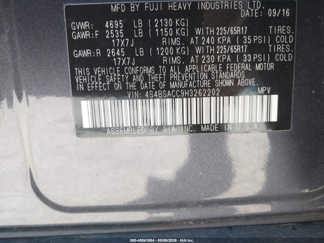 Продаж на аукціоні авто 2017 Subaru Outback 2.5i Premium, vin: 4S4BSACC9H3262202, номер лоту: 45041884