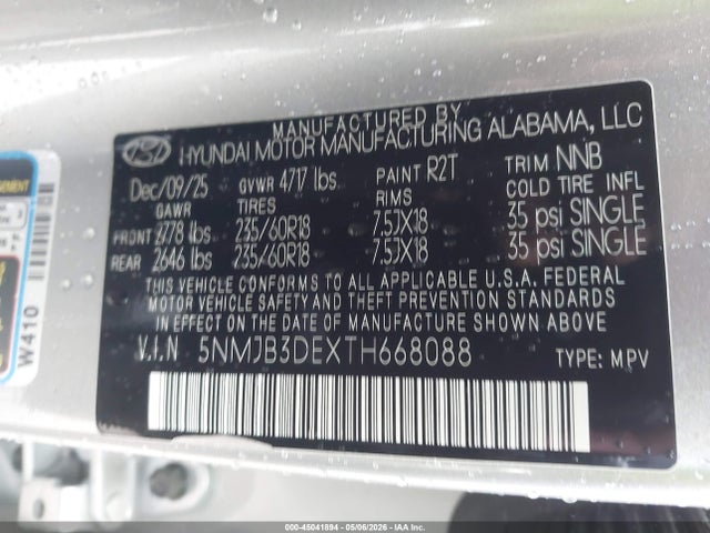 45041894 :رقم المزاد ، 5NMJB3DEXTH668088 vin ، 2026 Hyundai Tucson Sel مزاد بيع