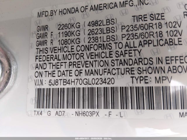 Aukcja sprzedaży 2016 Acura Rdx Advance Package, vin: 5J8TB4H70GL023420, numer aukcji: 45041911