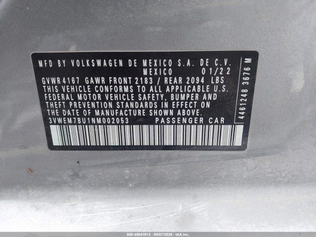 45041912 :رقم المزاد ، 3VWEM7BU1NM002053 vin ، 2022 Volkswagen Jetta 1.5t Se مزاد بيع