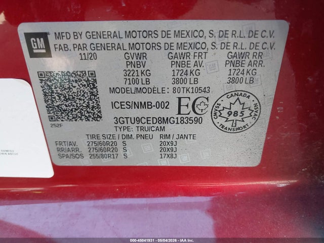 3GTU9CED8MG183590 GMC Sierra 1500 Elevation
