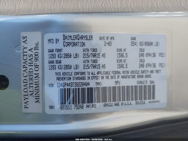 Aukcja sprzedaży 2003 Dodge Grand Caravan Sport, vin: 1D4GP44323B220404, numer aukcji: 45041934