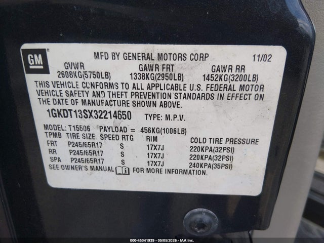 Продажа на аукционе авто 2003 Gmc Envoy Slt, vin: 1GKDT13SX32214650, номер лота: 45041939