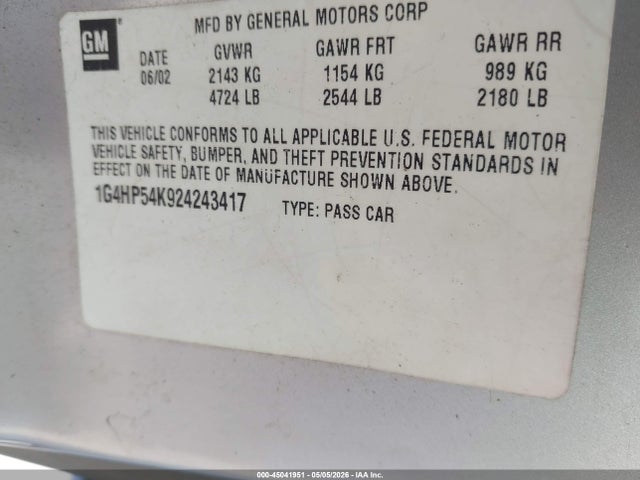 Aukcja sprzedaży 2002 Buick Lesabre Custom, vin: 1G4HP54K924243417, numer aukcji: 45041951