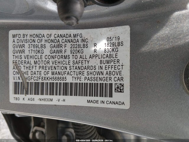 Aukcja sprzedaży 2019 Honda Civic Sport, vin: 2HGFC2F8XKH568685, numer aukcji: 45041955