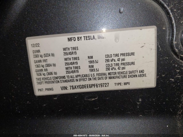 45041972 :رقم المزاد ، 7SAYGDEE6PF619727 vin ، 2023 Tesla Model Y Awd/long Range Dual Motor All-wheel Drive مزاد بيع