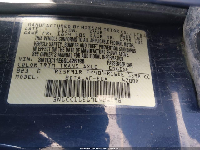 2009 Nissan Versa 1.6 Base მანქანა იყიდება აუქციონზე, vin: 3N1CC11E69L426198, აუქციონის ნომერი: 45041982