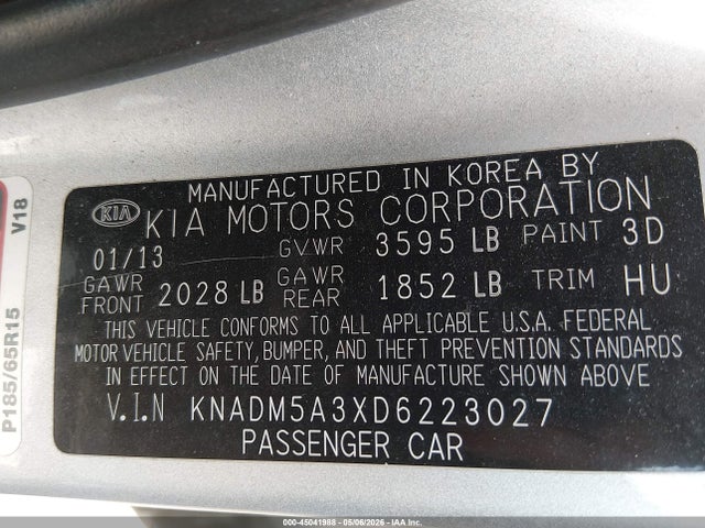 Aukcja sprzedaży 2013 Kia Rio Lx, vin: KNADM5A3XD6223027, numer aukcji: 45041988