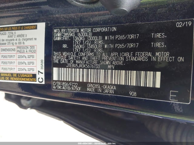 Aukcja sprzedaży 2019 Toyota 4runner Trd Off Road, vin: JTEBU5JR0K5676733, numer aukcji: 45041991