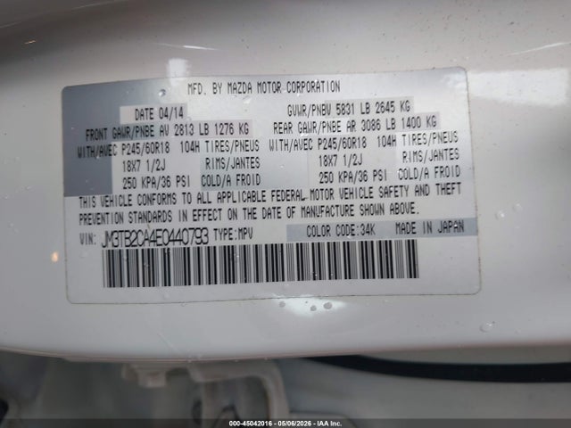Aukcja sprzedaży 2014 Mazda Cx-9 Touring, vin: JM3TB2CA4E0440793, numer aukcji: 45042016