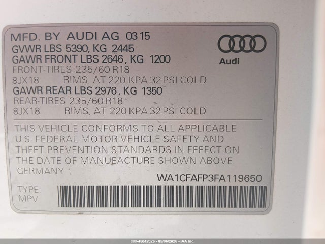 Продажа на аукционе авто 2015 Audi Q5 2.0t Premium, vin: WA1CFAFP3FA119650, номер лота: 45042026