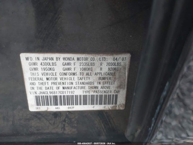 Aukcja sprzedaży 2007 Acura Tsx, vin: JH4CL96817C017192, numer aukcji: 45042027