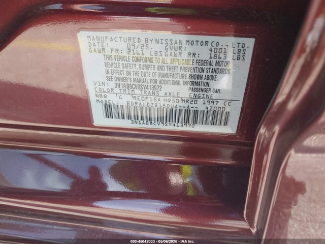 Продаж на аукціоні авто 2025 Nissan Sentra Sv, vin: 3N1AB8CV9SY413972, номер лоту: 45042033