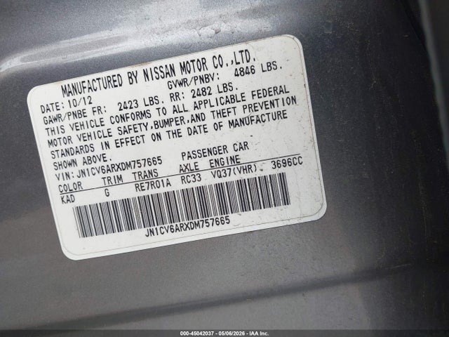 45042037 :رقم المزاد ، JN1CV6ARXDM757665 vin ، 2013 Infiniti G37x مزاد بيع