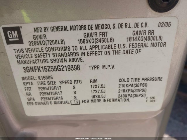 Продаж на аукціоні авто 2005 Chevrolet Suburban 1500 Z71, vin: 3GNFK16Z55G219398, номер лоту: 45042051