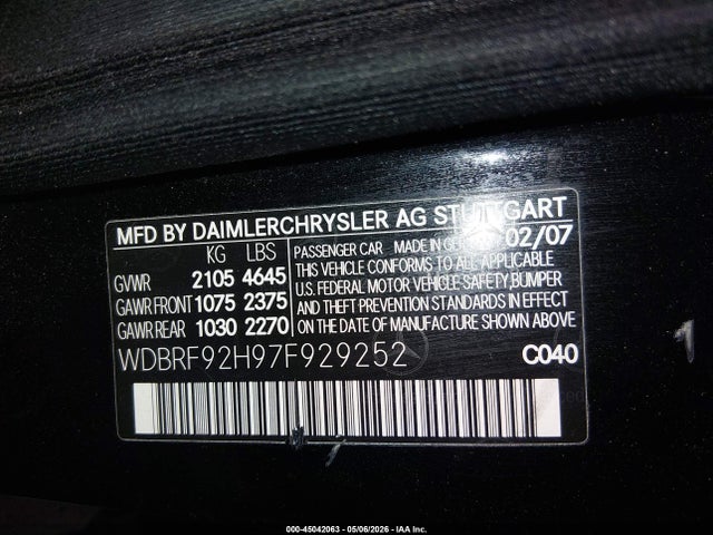 Aukcja sprzedaży 2007 Mercedes-benz C 280 Luxury 4matic, vin: WDBRF92H97F929252, numer aukcji: 45042063