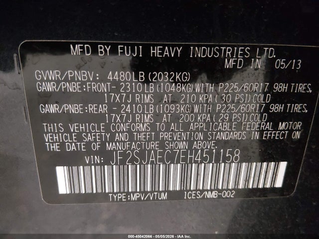 45042066 :رقم المزاد ، JF2SJAEC7EH451158 vin ، 2014 Subaru Forester 2.5i Premium مزاد بيع