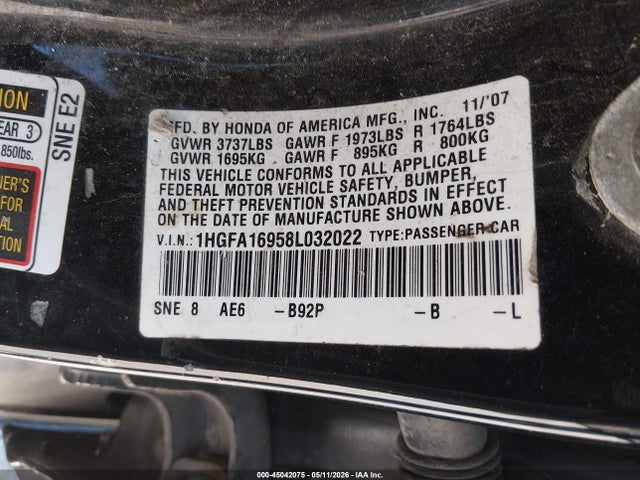 2008 Honda Civic Ex-l მანქანა იყიდება აუქციონზე, vin: 1HGFA16958L032022, აუქციონის ნომერი: 45042075