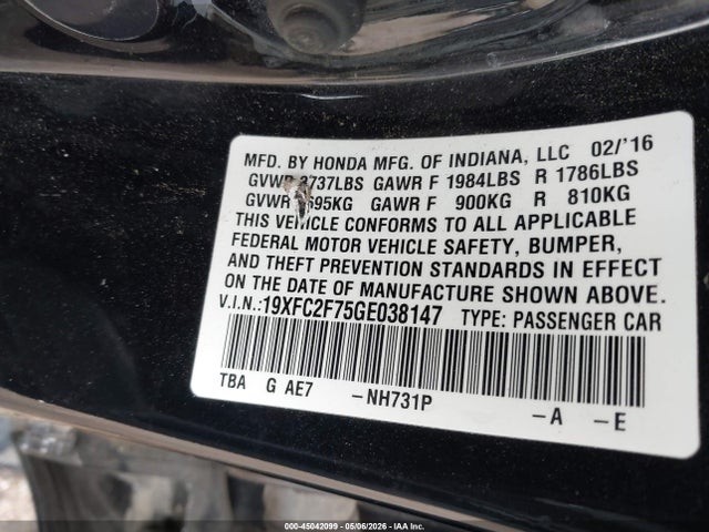 2016 Honda Civic Ex მანქანა იყიდება აუქციონზე, vin: 19XFC2F75GE038147, აუქციონის ნომერი: 45042099